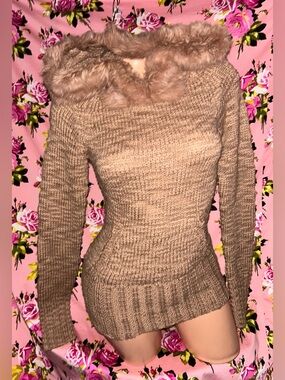 Bebe Barbie tan brown snow bunny fur jacket sexy cardigan sweater hoodie y2k XS